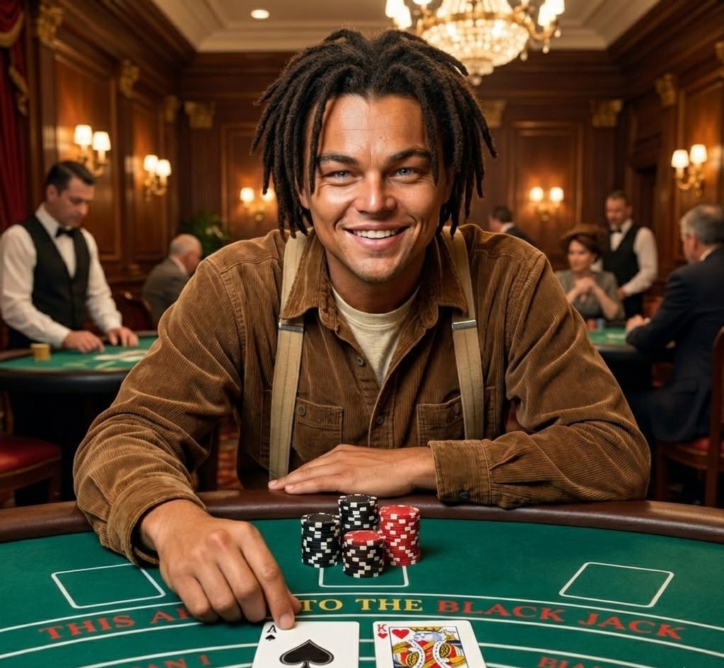 Black Jack holding a winning hand of Ace and a Face card in a historical scene