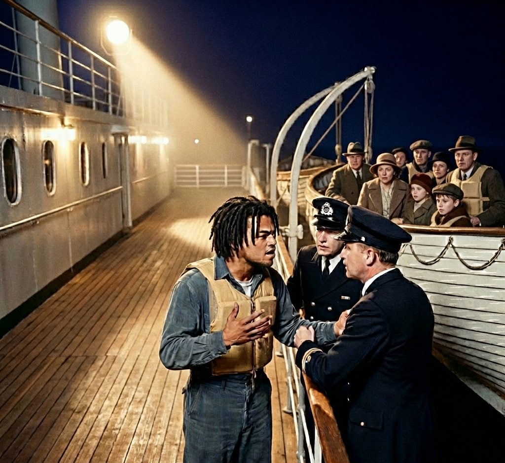 Black Jack in a life vest on deck at night